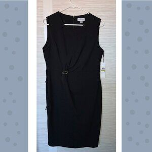 Calvin Klein Black Sleeveless Faux Wrap Waist Dress, Metallic Clasp, Size 14P